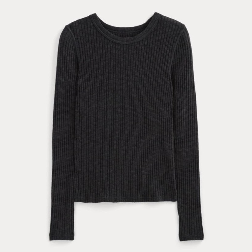 Everlane Women M Rib Knit Long Sleeve Tee Shirt Black Slim Fit Organic Cotton